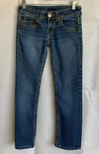 True Religion World Tour Jeans Blue Med Wash Gold Thick Stitch Flap Pocket Sz 25 - Picture 1 of 11