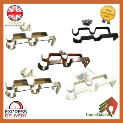 2 x Heavy Duty Double Metal Curtain Rod Pole Wall Bracket Screw Hook Holder 19mm - Image 1 of 4