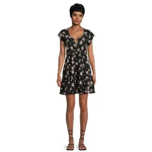 No Boundaries Juniors Girls Womens Cutout Black Floral Babydoll Dress M(7-9) - Picture 1 of 9