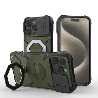 Funda con soporte Mag Safe a prueba de golpes para iPhone 16 15 14 13 Pro Max con cubierta de lente deslizante Foto 1 de 4