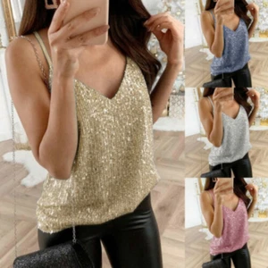 Women Glitter Strappy Tank Top Ladies Sexy Sparkle Cami Swing Vest Clubwear Vest - Picture 1 of 34