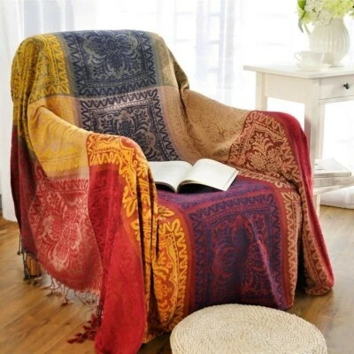 Boho Throw Blanket Chenille Reversible Tassel Soft Cover for Bed Couch Decor Sew - Image 1 of 4