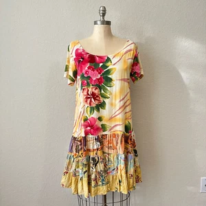 VTG JAMS WORLD A-Line Dress Womens L Bright Floral Patchwork Retro 90s Tropical - Picture 1 of 9