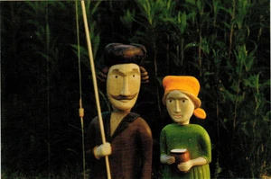 T.Flenova Russian POSTCARD Wood carved figurine FISHERMAN AND HIS WIFE - Picture 1 of 1