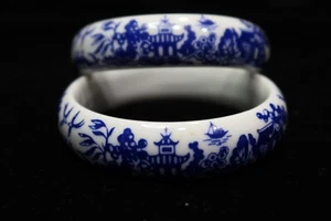 SELTENE CHINESISCHE BLAU & WEISSE PAGODE VÖGEL SCHIFFE SZENE 2 PORZELLAN KERAMIK ARMBÄNDER - Bild 1 von 6