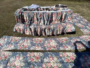 8Pc Ralph Lauren KIMBERLY Valances Curtains Custom Lined Cotton Floral Blue VGUC - Picture 1 of 12