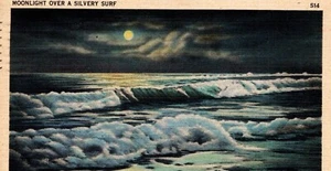 Moonlight Over a Silvery Surf New Jersey Postcard 1946 Colorized Linen Border - Picture 1 of 2
