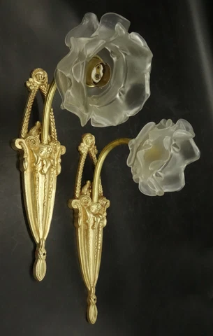 PAIR OF SCONCES PERIOD ART DÉCO - BRONZE & GLASS - FRENCH ANTIQUE Cover