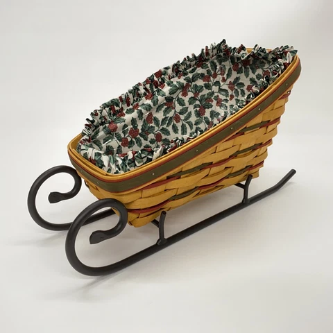 Longaberger 1997 Large Holiday Sleigh Basket With Runners Holly Liner Protector Cover