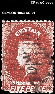 CEYLON 1863 SC 51 QUEEN VICTORIA 5p CARMINE BROWN UNG P12½ WM 1a F/VFINE - Picture 1 of 2