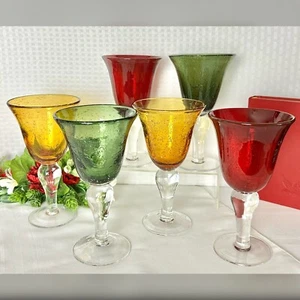Artland Iris Colored Blown Bubble Glass Clear Stem - Ruby, Sage, Amber - Set 6 - Picture 1 of 9
