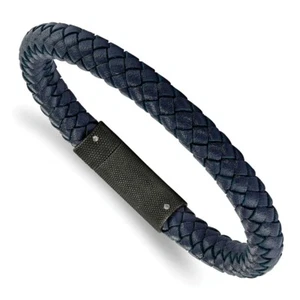 8.5" Chisel Stainless Steel Brushed Blue Leather Braided Bracelet - Picture 1 of 1