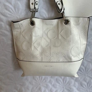 Calvin Klein white faux leather laptop tote bag purse makeup bag silver hardware - Picture 1 of 7