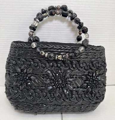 Bolso de mano Capelli Straworld negro con cuentas de paja con asa pequeña bolso vintage Foto 1 de 4