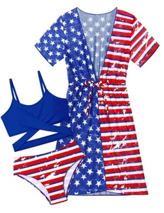 Girls Swimsuit Swimsuits for Teens 3 Piece American Flag Criss Cross Bikini S... - Picture 1 of 6