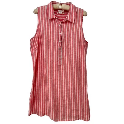 C & C California Women's 1X Pink Linen Striped Sleeveless Button Down Dress - Image 1 of 4