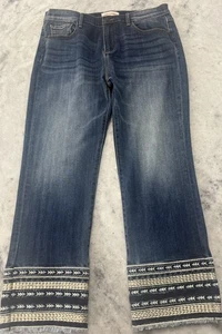 Driftwood Colette Cropped Women's Boho Jeans with Blue Embroidered Cuff 32 X 26 - Picture 1 of 9