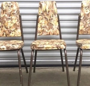 Vintage Mid-Century Modern Brown & Yellow Vinyl Dining Chairs Set Of 3 - Picture 1 of 4