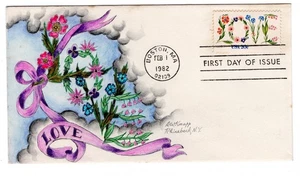 #1951 Love Flowers Dorothy Knapp Hand Painted Cachet 1982 FDC - Boston MA - Picture 1 of 2
