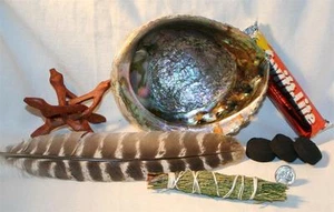 CEDAR Sage Abalone Shell Charcoal Tablets 4 Inch Wood Stand Smudging Feather - Picture 1 of 1