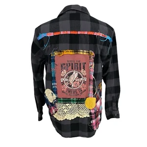 Christian Flannel Shirt Womens Sz Large Religious Shacket Cottage Upcycle Grunge - Picture 1 of 23