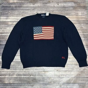 Polo Ralph Lauren Navy Blue American Flag Cotton Knit Vintage Sweater NOS XXL - Picture 1 of 8