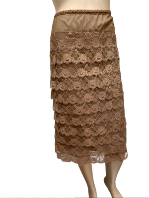 NWT $192  Betsey Johnson Skirt  LARGE Cocoa Brown w Rows of Lace Ruffles Lined - Image 1 of 4