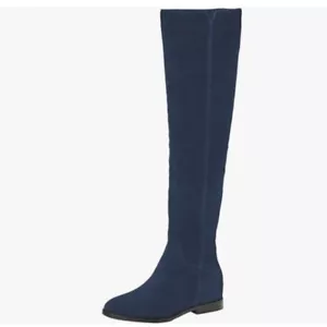Blue Women Almond Toe Knee High Boot with Partial Zipper Stretchy Warm Long Boot - Picture 1 of 7