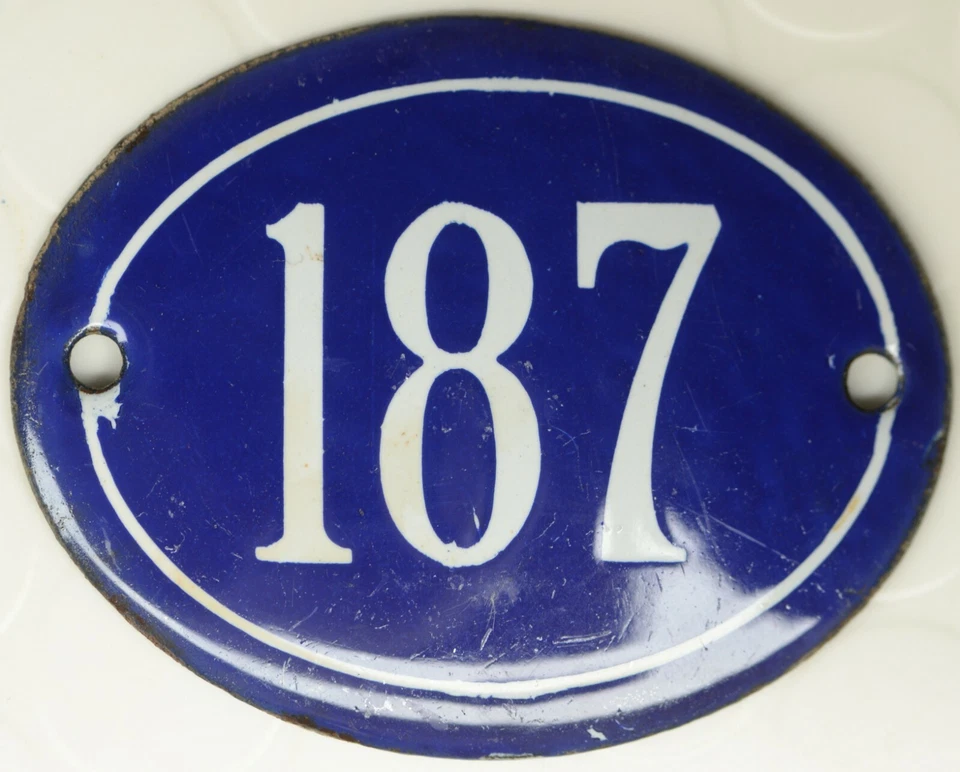 Old blue oval French house number 187 door gate plate plaque enamel steel sign - Image 1 of 1
