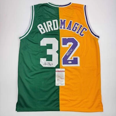 Autographed/Signed Larry Bird & Magic Johnson Dual Basketball Jersey JSA COA - Image 1 of 2