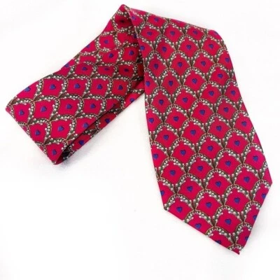 Gravata masculina Yves Saint Laurent estampada vermelha e azul seda vintage 4” de largura - Imagem 1 de 4