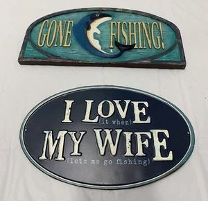 LOOK! Lot Of (2) Fishing Embossed Metal Sign Mancave Garage - FREE SHIPPING! - Imagen 1 de 4