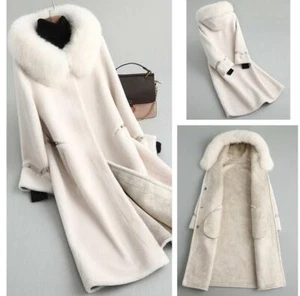 Mujeres 100 % lana cuello de piel de zorro con capucha abrigo chaquetas largas gruesas - Imagen 1 de 16