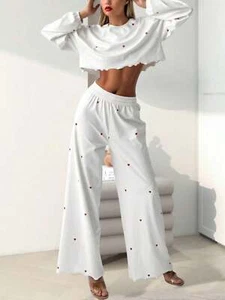 Women's Heart Print Two-Piece Lounge Set With Crop Top And Wide-Leg Pants - Picture 1 of 6