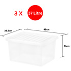 3 X Quality Plastic Storage Clear Box With Lids Home Office Stackable - 37L