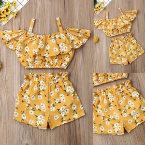 Toddler Kids Baby Girl Off Shoulder Ruffled Flower Strap Crop Top Shorts Outfit - Picture 1 of 11