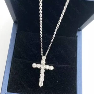 3 mm Round Cut Moissanite Cross Religious Pendant 14k White Gold Plated - Picture 1 of 6