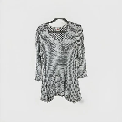 Túnica Tianello Top Preto Branco Listra Malha Texturizada Lagenlook Arte Assimétrica M - Imagem 1 de 4