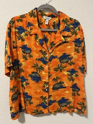 Arizona Jean Co 夏威夷营地衬衫男式 XL 短袖橙色棕榈树人造丝 — 第 1/4 张图片