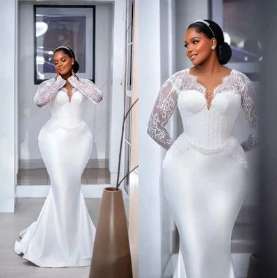 Vestido de noiva bainha sereia frisado gola O manga comprida vestidos de noiva renda sexy - Imagem 1 de 4