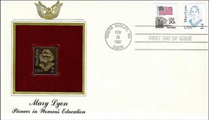 Mary Lyon Pioneer In Women's Education USA Golden Gold 22k Plated Stamp FDC 1987 - Picture 1 of 2