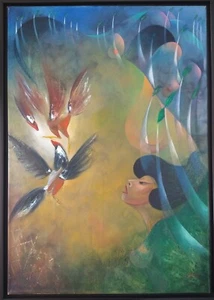 José Antonio Oliva Alfonso. PINTURA. Arte cubano. MUJER CON GALLOS. Firmado. 2020 - Imagen 1 de 1