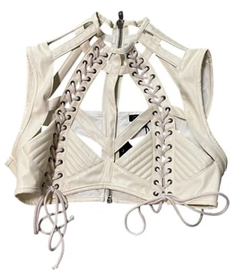 CLUB EXX DOLLS KILL Rude Awakening Harness Bra Top Faux Leather White Cropped L - Picture 1 of 4