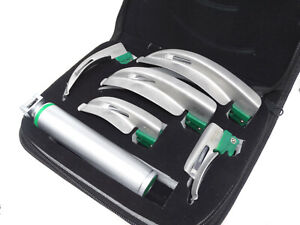 Laryngoscope Set 6 PCS Intubaion Blades + Handle Fiber-Optic Kit with Black Case
