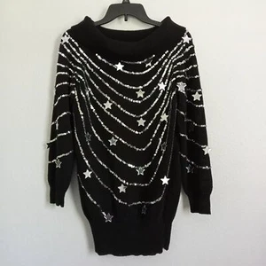 Suéter Vintage Bonnie Boerer Estrella Brillante Lentejuelas Plateadas Negro Fiesta Pullover M - Imagen 1 de 8