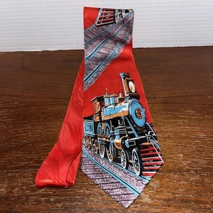 Roberto Cellini Trains Large Print Polyester Necktie Red Transportation Rails - Picture 1 of 5
