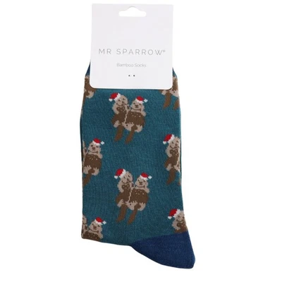MR SPARROW Otter Socks Festive Otters Mens Boys 7-11 Teal Christmas Gift