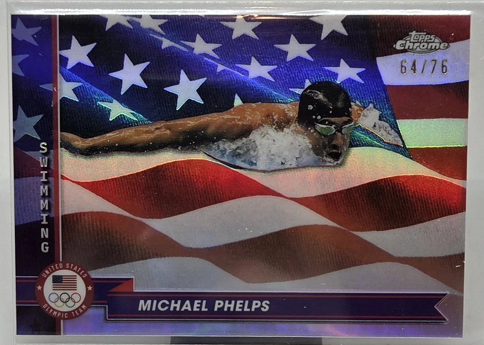 Michael Phelps 2024 Topps Cromo Juegos Olímpicos de Estados Unidos Natación Bandera de Estados Unidos SP #/76 #200 Foto 1 de 2
