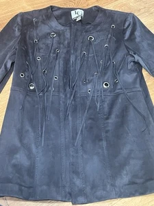 Lena Gabrielle Long 4 Way Stretch Suede Jacket Grommets Fringe In Marine Western - Picture 1 of 11