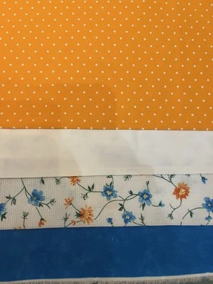 Lot Of 4 Remnants Blue Dots Orange Flower Print White. Cotton For Quilts Crafts - Image 1 of 4